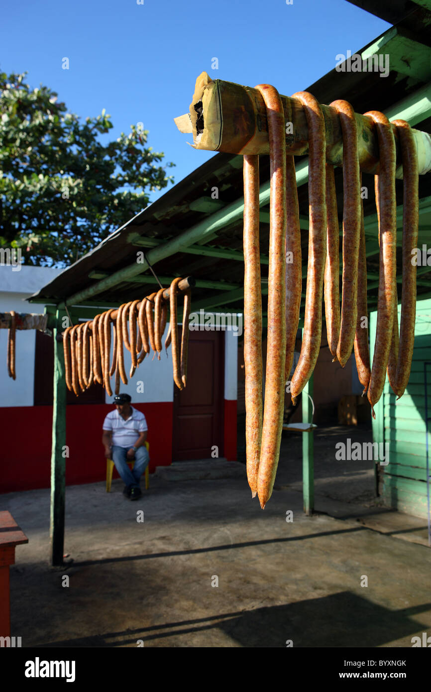 Caribbean, Dominican Republic, sausage vendor, food, market, meat Stock