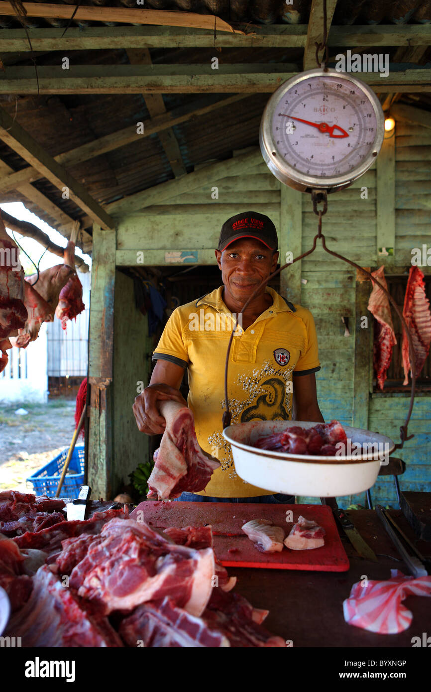 Caribbean, Dominican Republic, the seller of meat, food, market Stock Photo