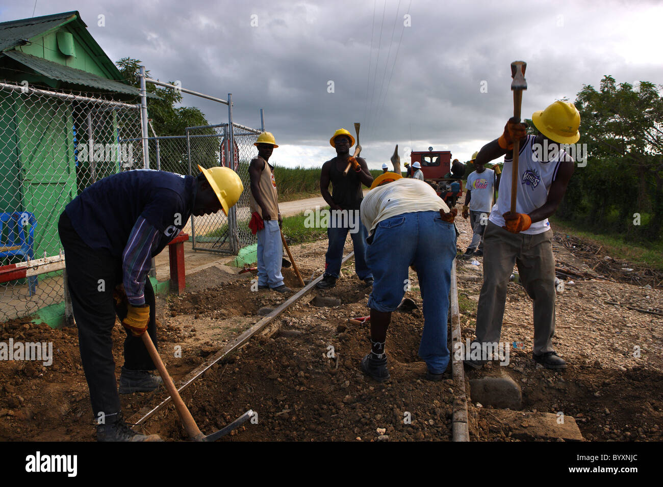 Caribbean, Dominican Republic, men at work, rail transport sugarcane Stock Photo