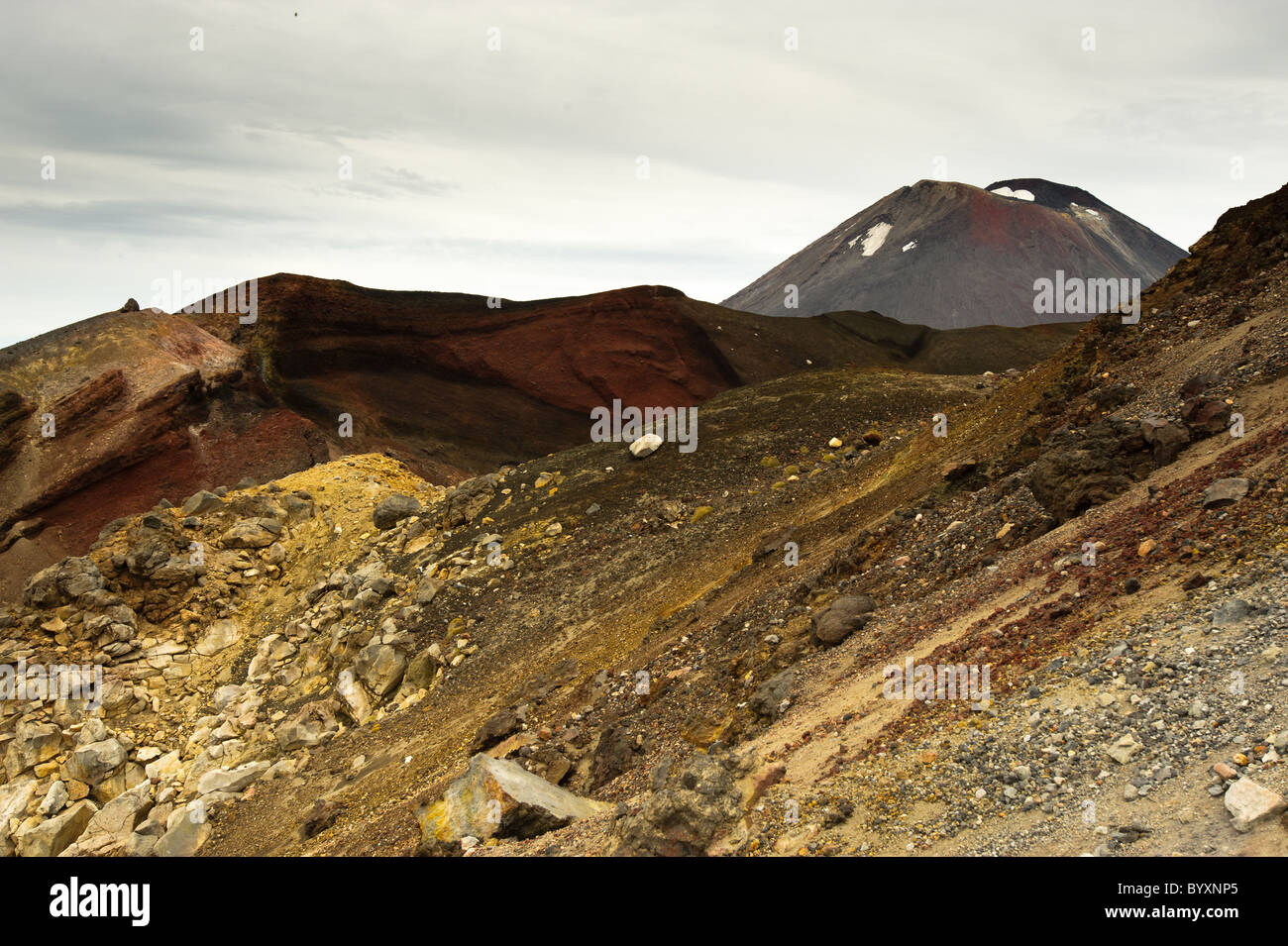 Red Crater with Mt. Ngauruhoe in background -- Tongariro National Park, New Zealand Stock Photo