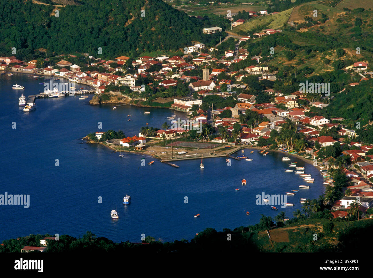 overview, harbor, port, town, Le Bourg, Terre-de-Haut des Saintes, Les Saintes, Guadeloupe, French West Indies Stock Photo