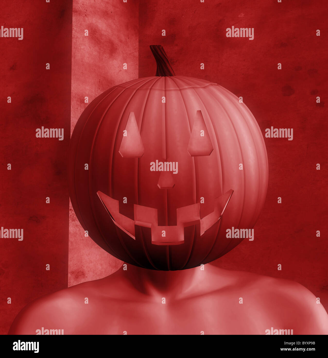 Human figure with halloween pumpkin head. 3d illustration. Stock Photo