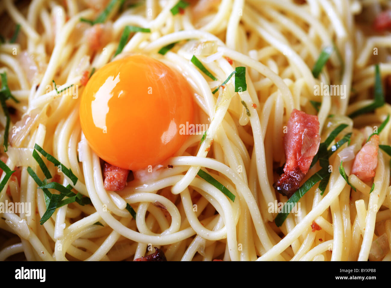 Italian pasta dish - Detail of spaghetti alla carbonara Stock Photo