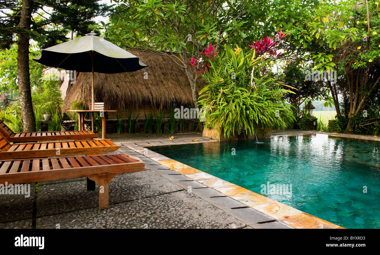 At the beautiful Tegal Sari Hotel in Ubud, Bali, the pool provides an  opportunity to cool down in the hot humid environment Stock Photo - Alamy