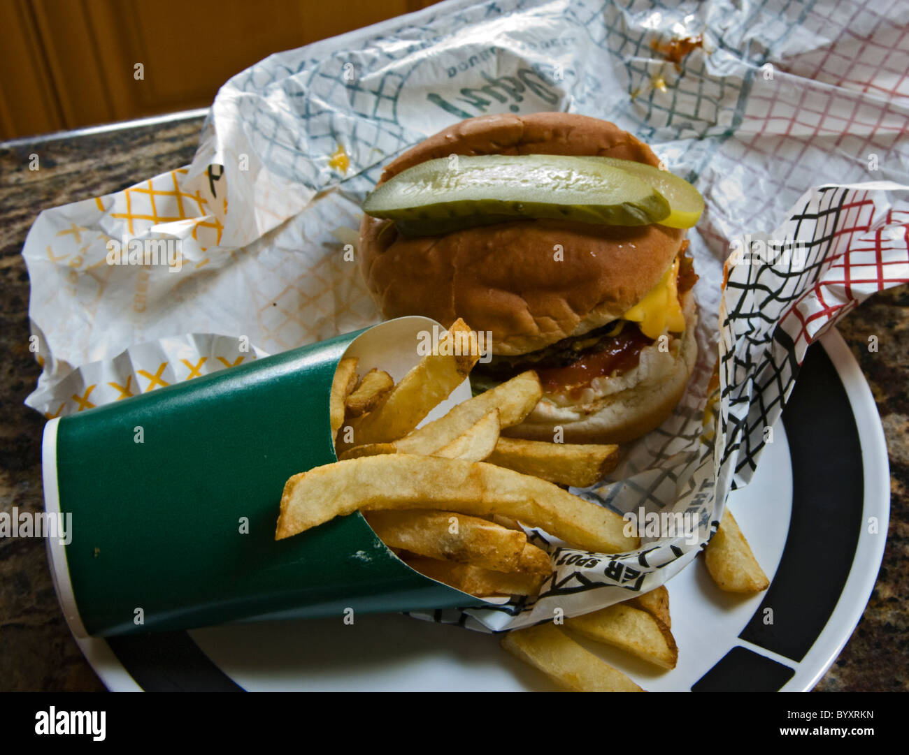 Cheese burger with fries Stock Photo