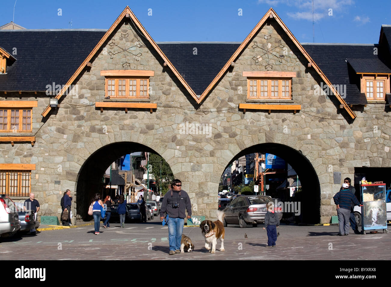 San Bernard dogs used as a touristic attraction in the main square of Bariloche, Patagonia, Argentina, South America Stock Photo