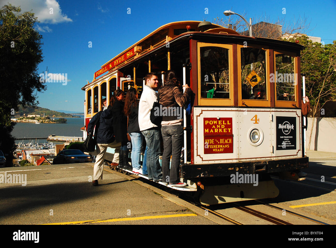 All aboard a Cable Car on San Francisco's Russian Hill Stock Photo