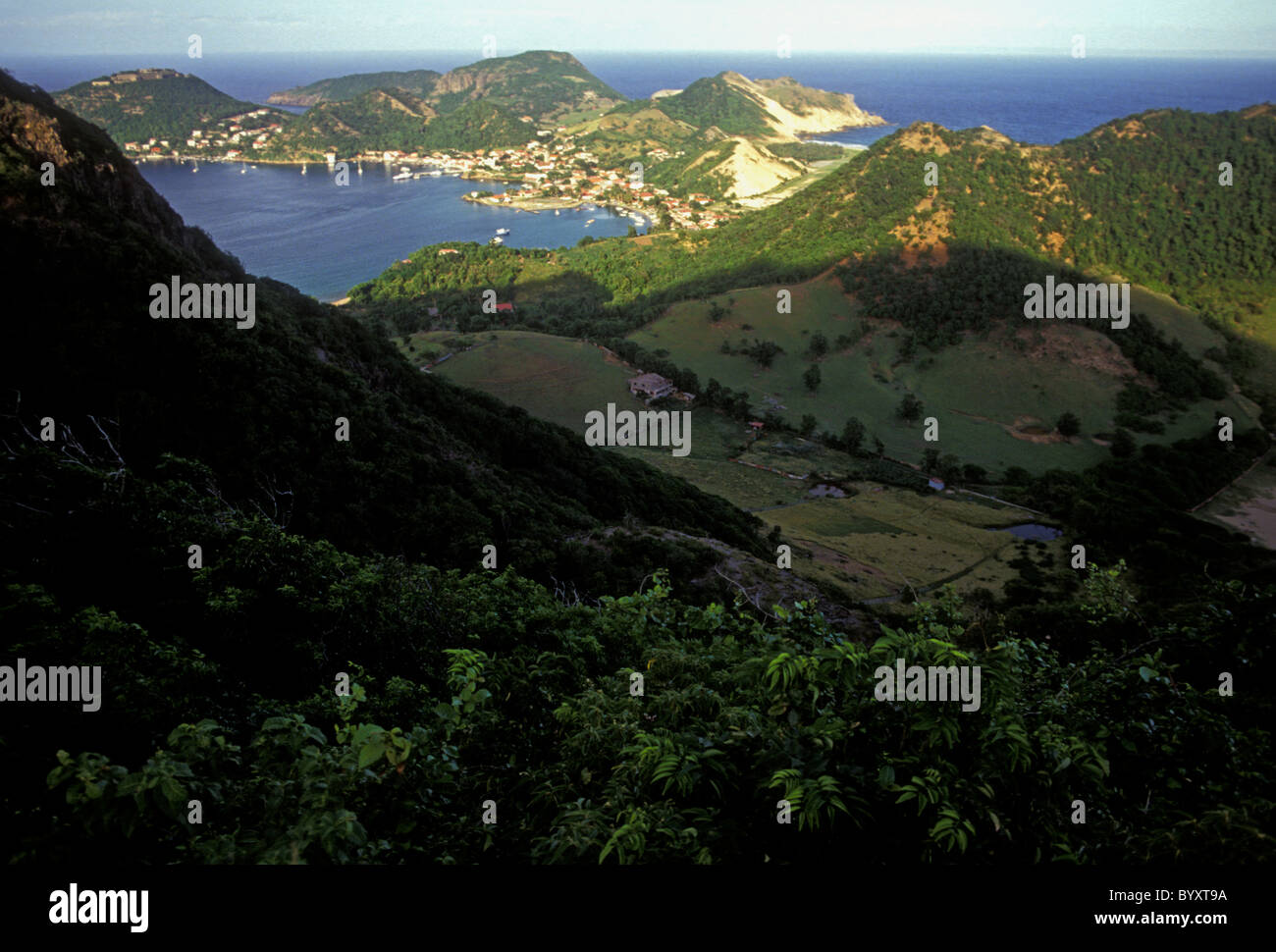 overview, harbor, port, town, Le Bourg, Terre-de-Haut des Saintes, Les Saintes, Guadeloupe, French West Indies Stock Photo