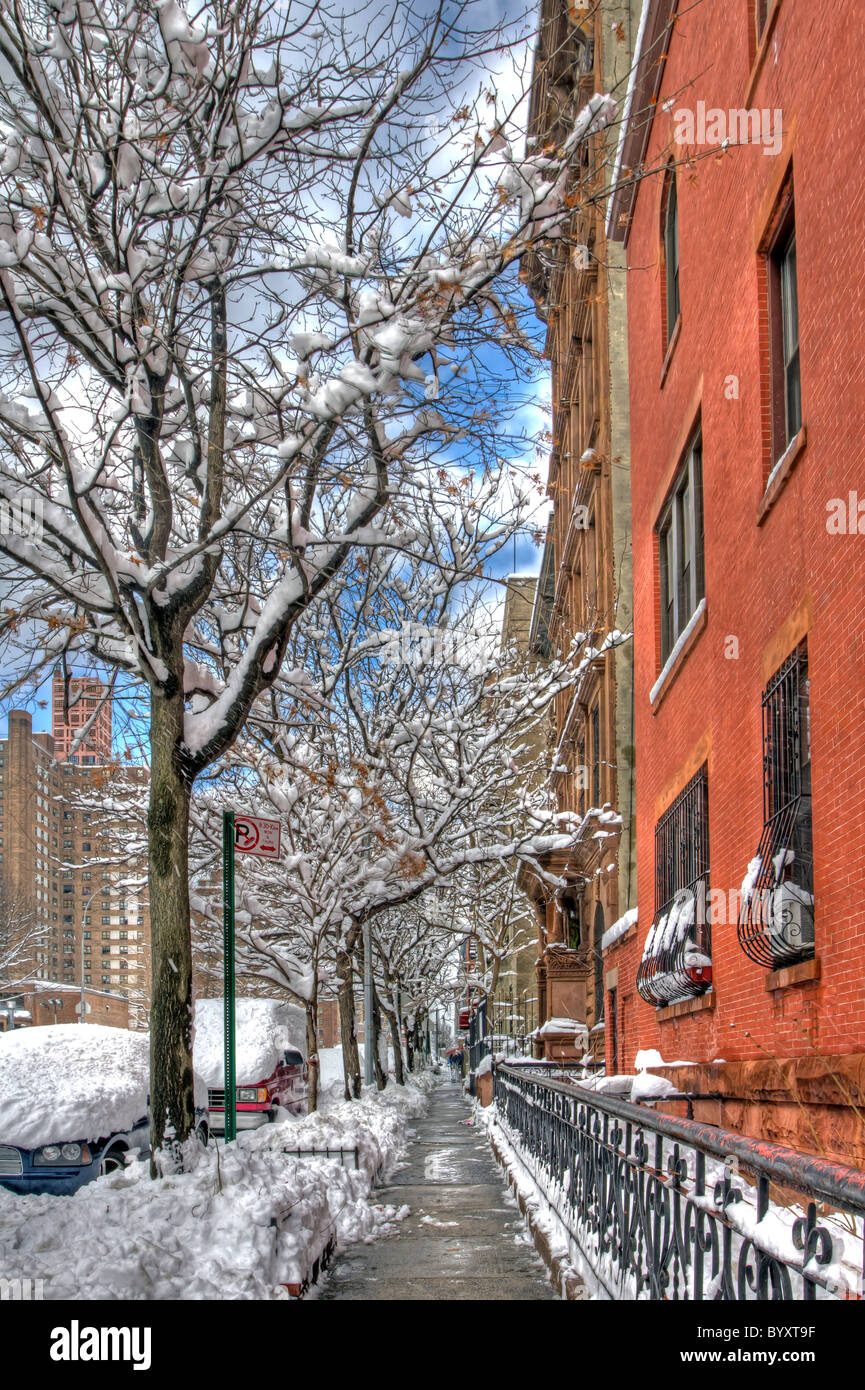 West 105th Street Between Columbus and Amsterdam the Morning After a Heavy Snow in New York City Stock Photo