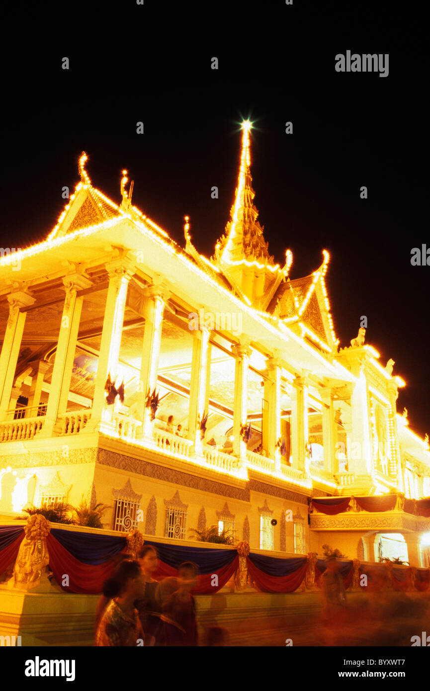 Chan Chaya Pagoda illuminated at night during the Water Festival in downtown Phnom Penh, Cambodia Stock Photo