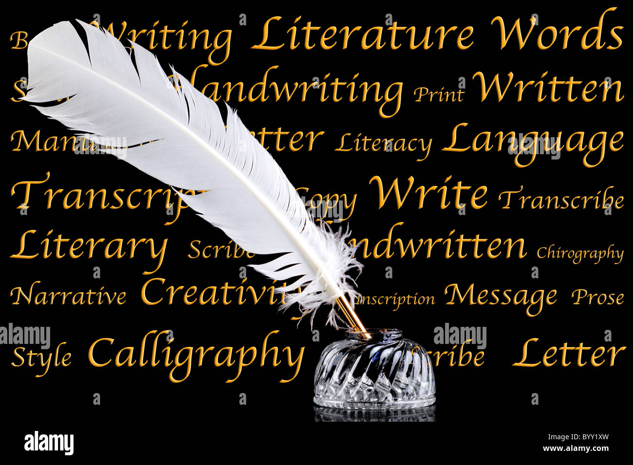 A white feather quill pen and crystal glass ink well on a black background with words associated with literature and writing. Stock Photo