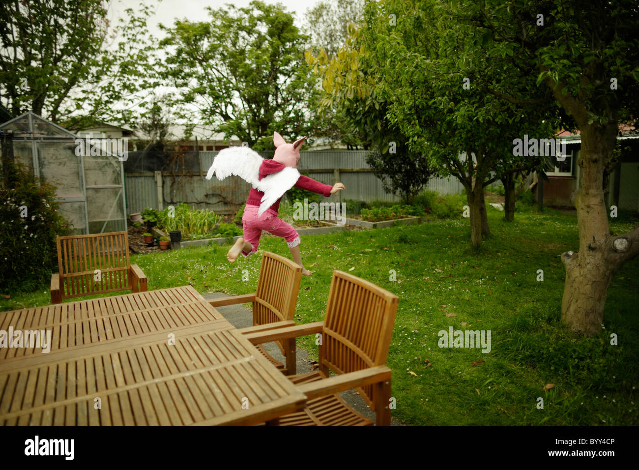 Pigs might fly. Girl in pig mask with wings. Stock Photo