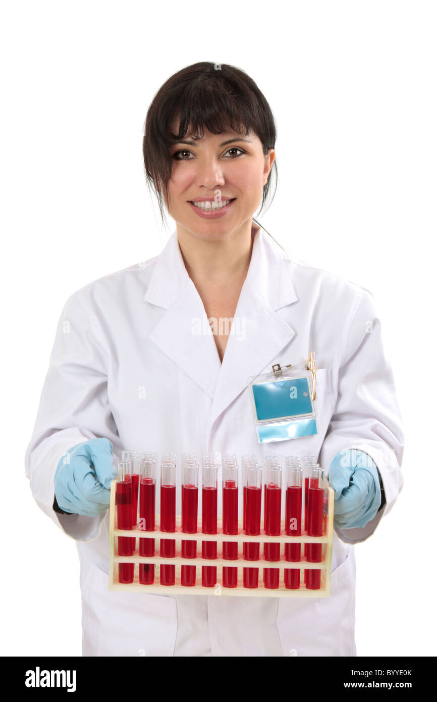 A scientist holding a rack of test tube samples for examination, research or testing. Stock Photo