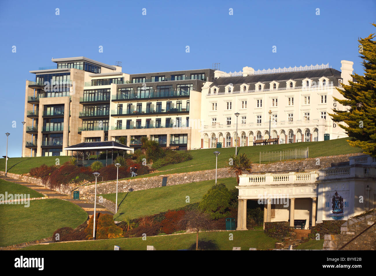 Luxury apartments next to The Grand Hotel (right) on Plymouth Hoe in Devon UK. Stock Photo