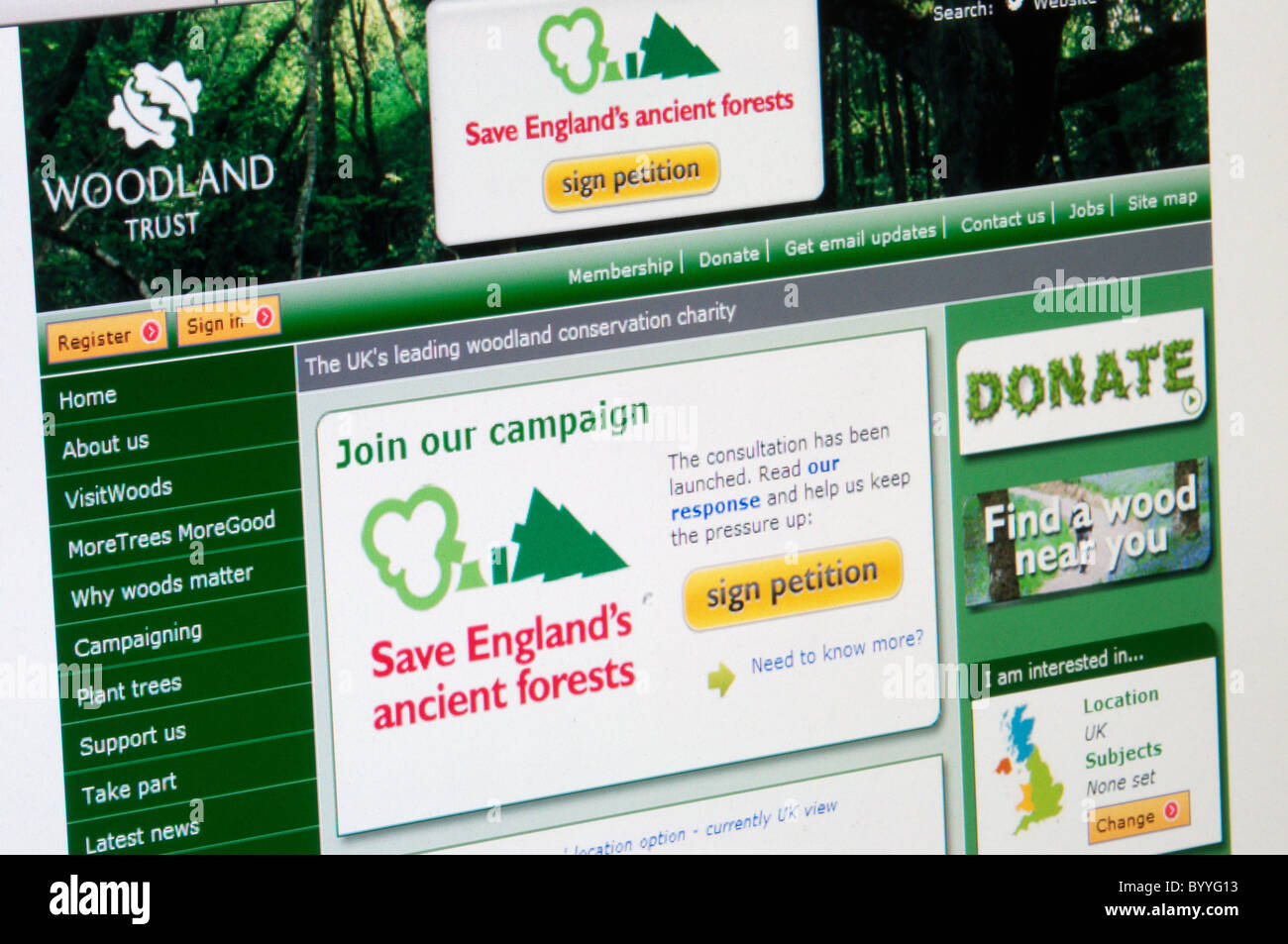 Woodland Trust website asks 'Join our campaign Save England's ancient forests'. Stock Photo