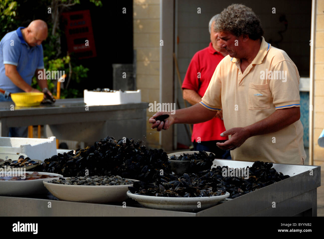 Blue Mussels market at Otranto, Puglia, Italy Stock Photo