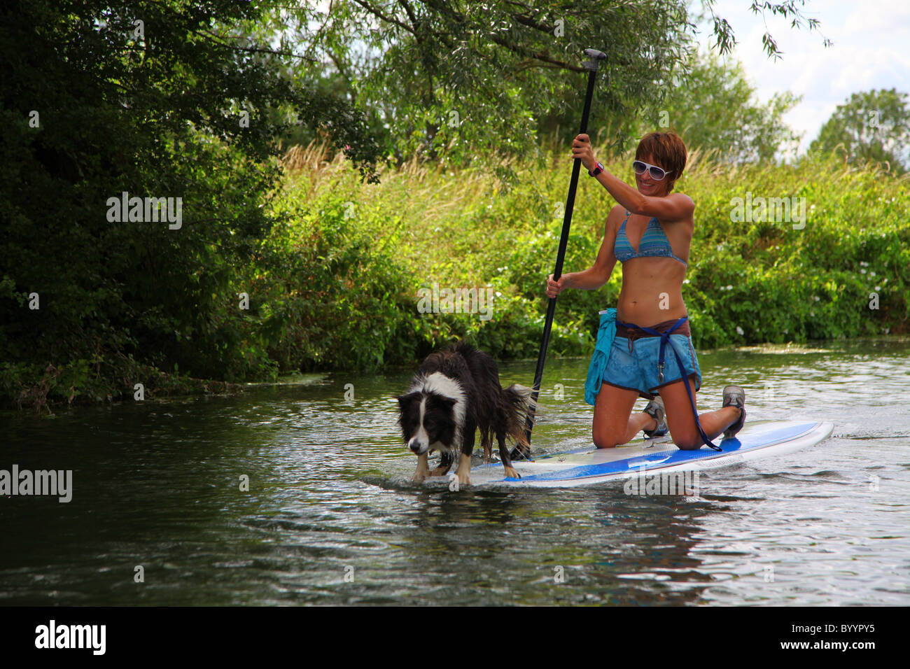 Woman punting on a surfboard on a river with a dog Stock Photo