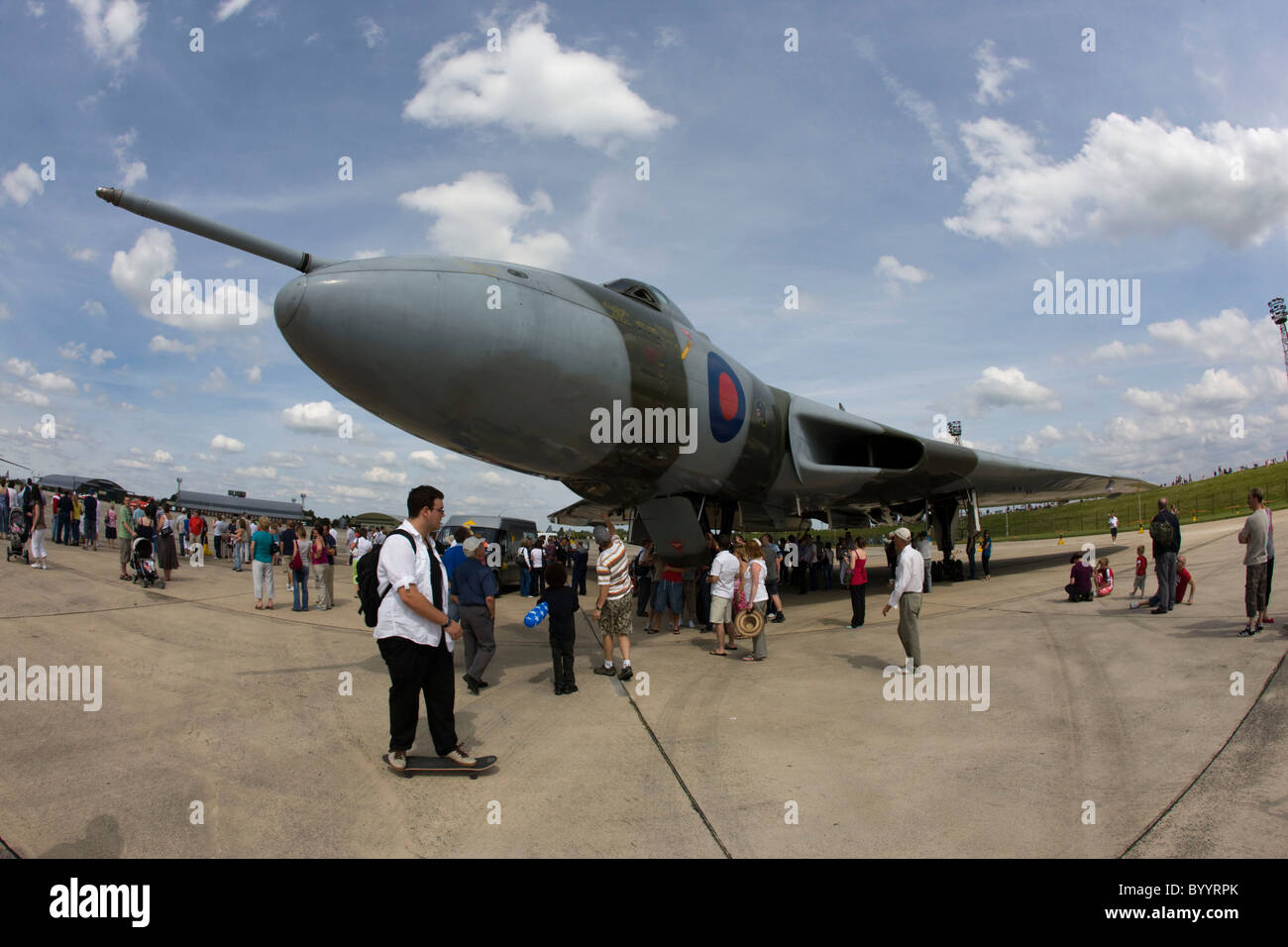 Vulcan delta wing bomber aircraft on static display on the runway at RAF Lyneham Stock Photo