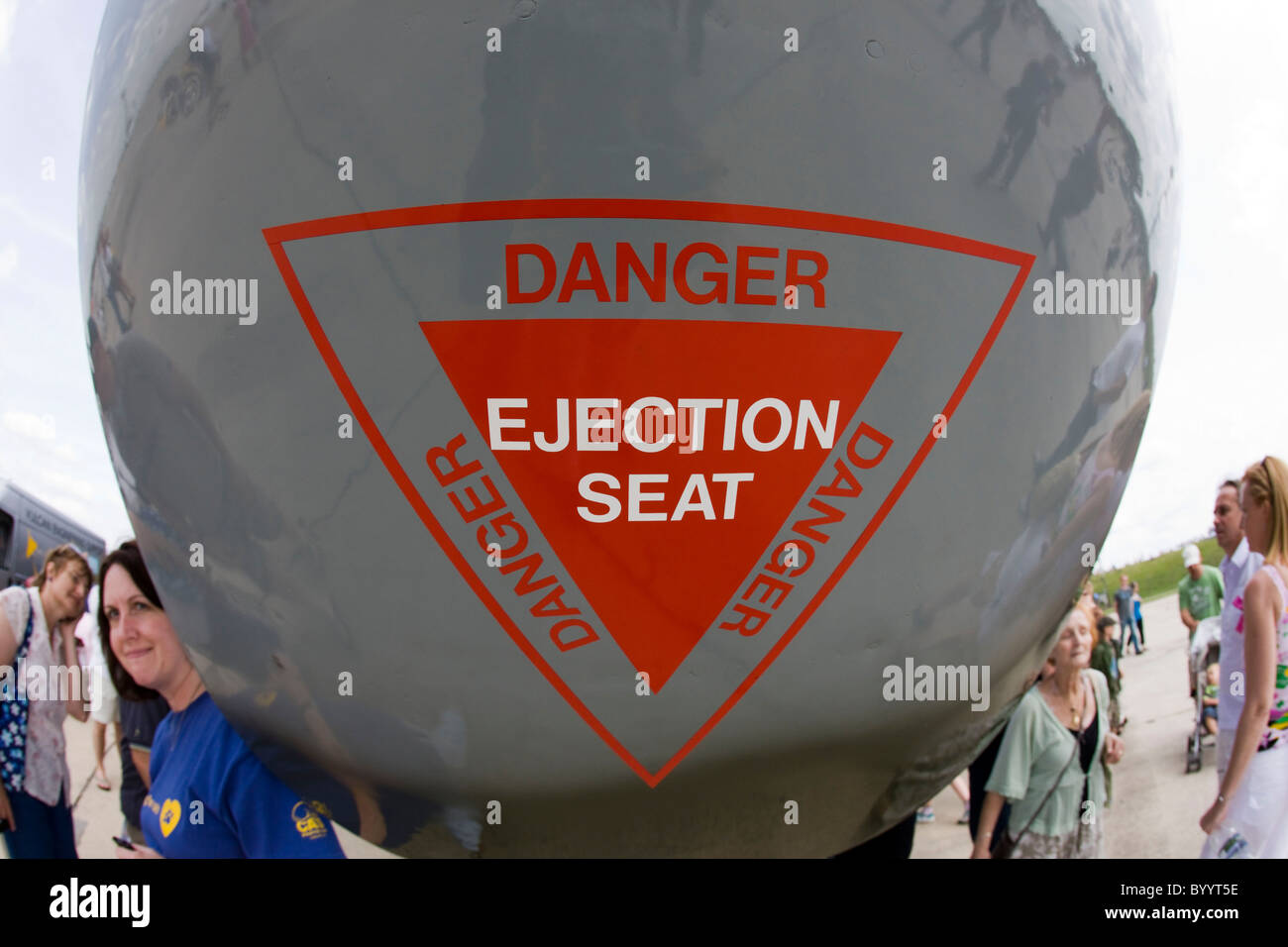 Red warning triangle 'Danger Ejection Seat' on the Vulcan bomber Stock Photo