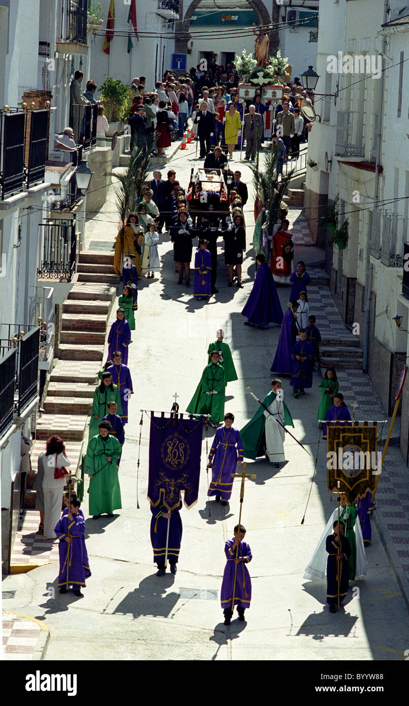 Small parade during the summer feria / fiesta in Andalusian village of Alozaina Stock Photo