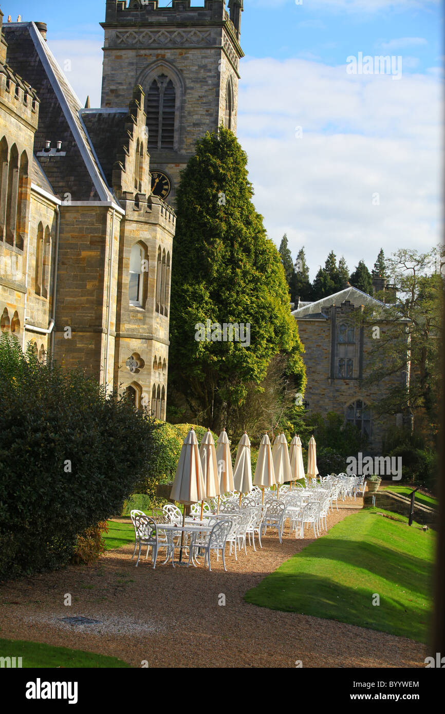 Sunny Autumn view of English country hotel garden Stock Photo