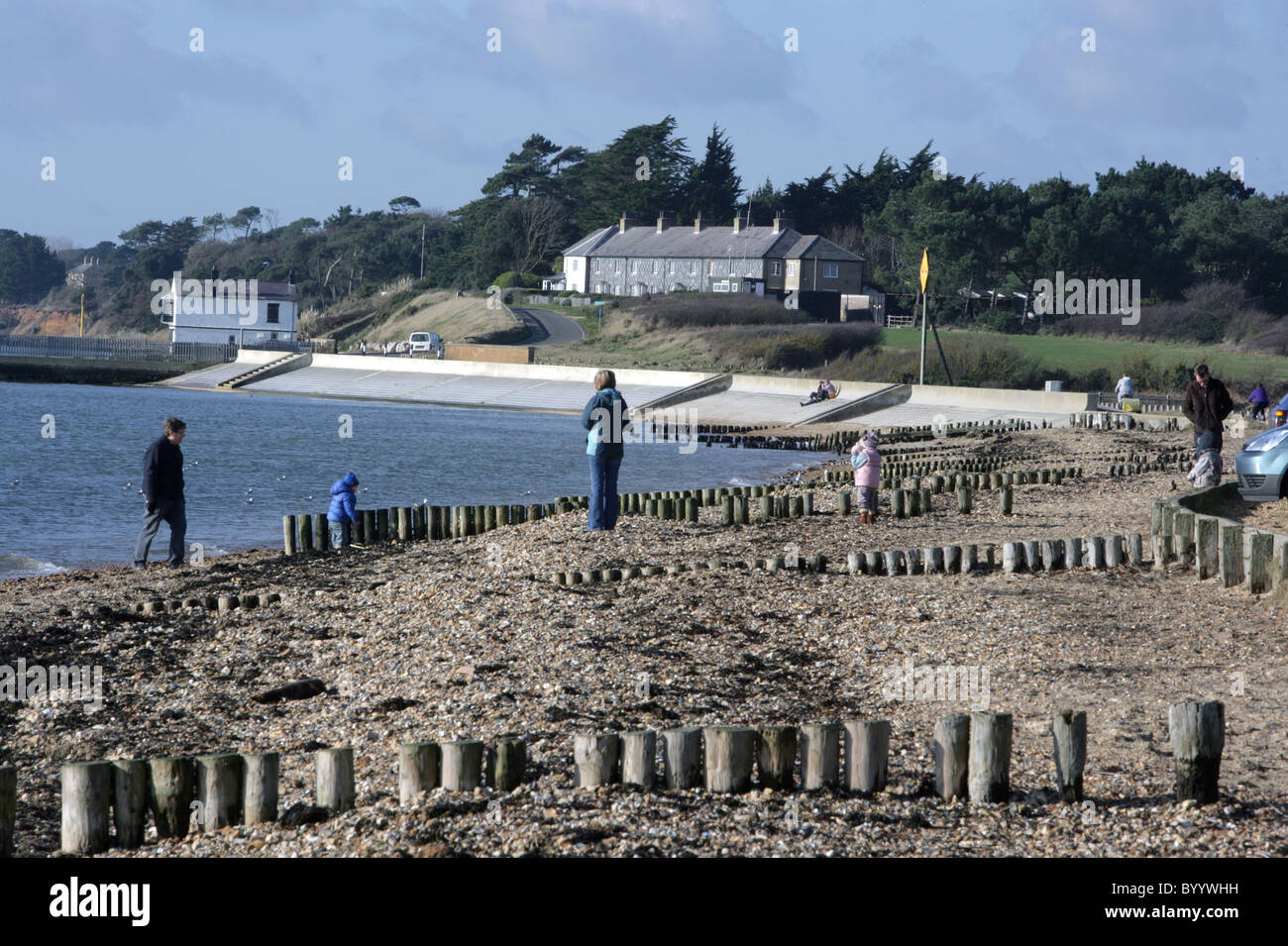 Bright sunny day on the beach at Lepe, edge of the New Forest Hampshire UK. New Forest National Park. Stock Photo