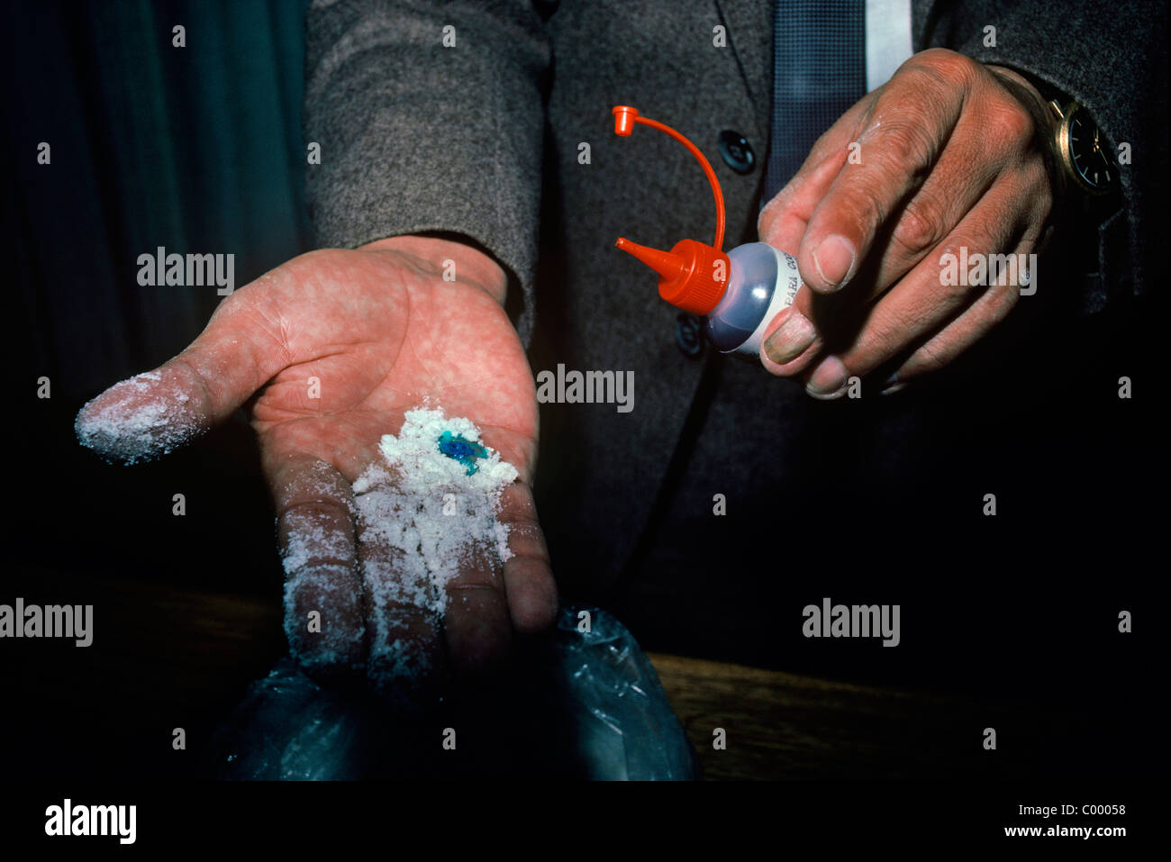 Narcotics police check quality of cocaine, Cochabamba - Bolivia Stock Photo