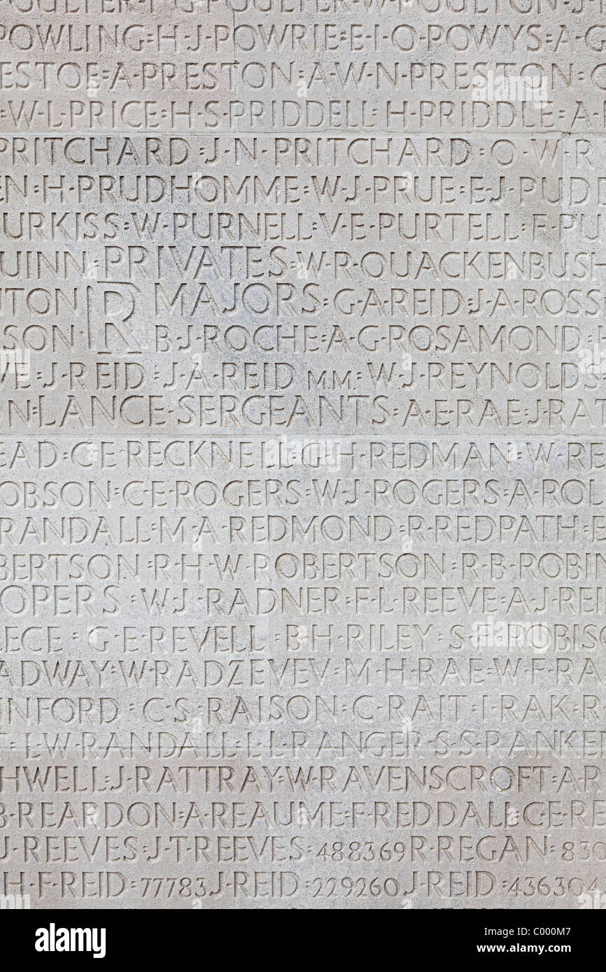 Names of war dead inscribed on the Vimy First World War memorial France Stock Photo