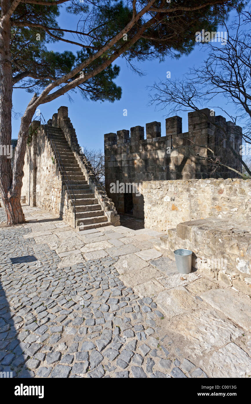 Defensive wall detail of Sao Jorge (St. George) Castle in Lisbon, Portugal. Stock Photo
