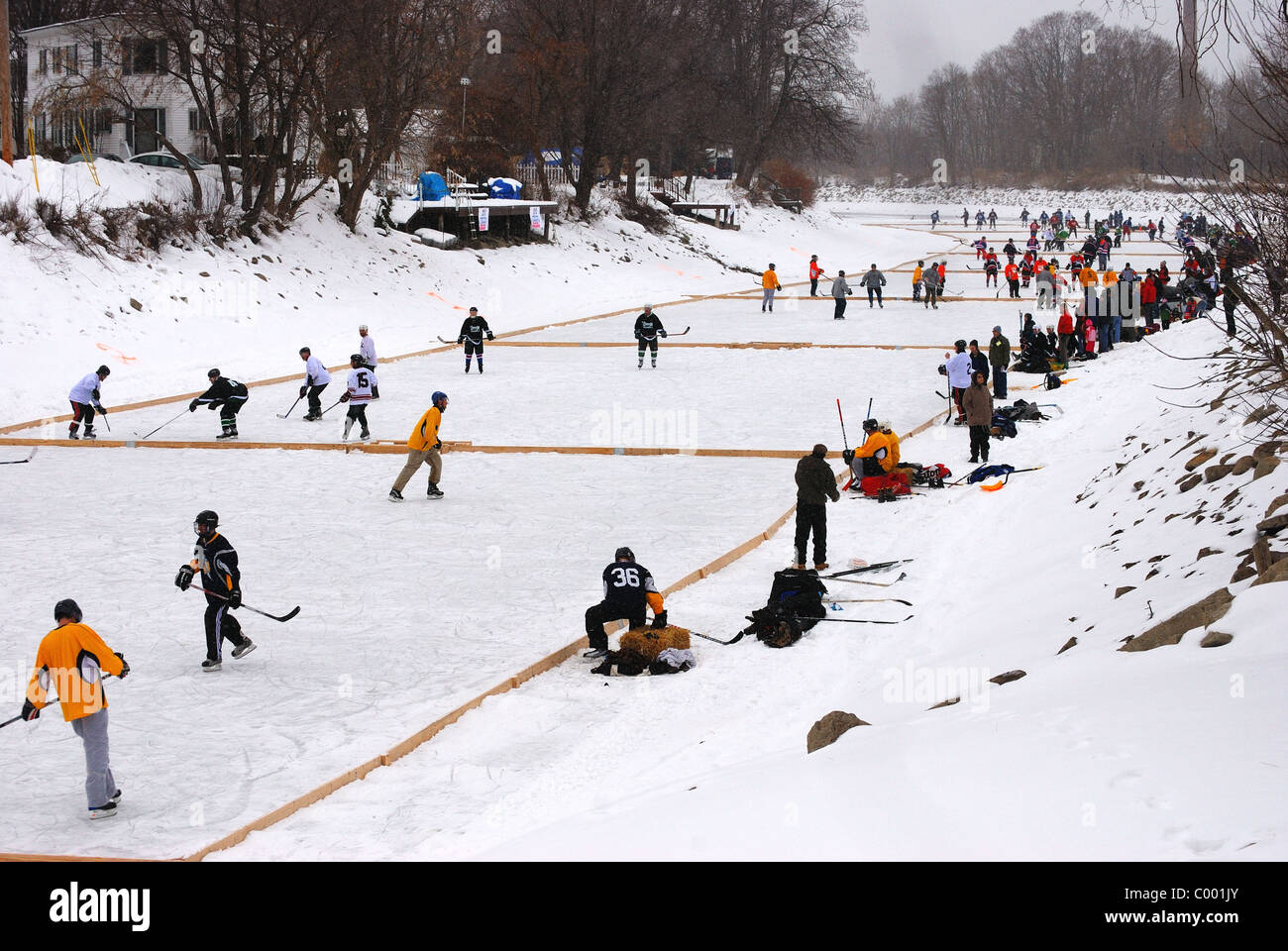 Pond Hockey rinks on Erie Canal in Fairport, NY Stock Photo