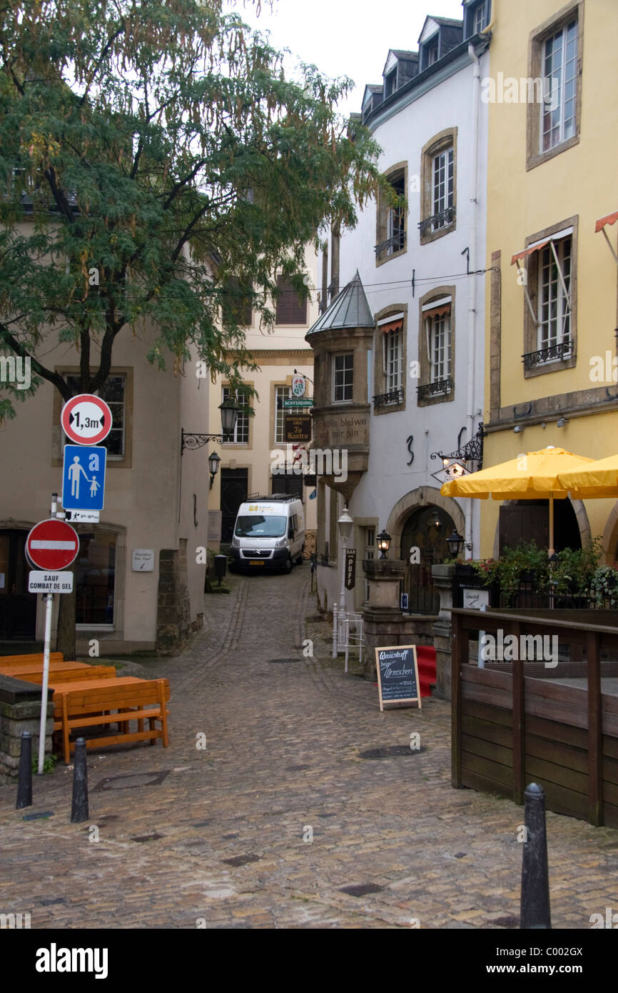 Small side street scene in Luxembourg City, Luxembourg. Stock Photo