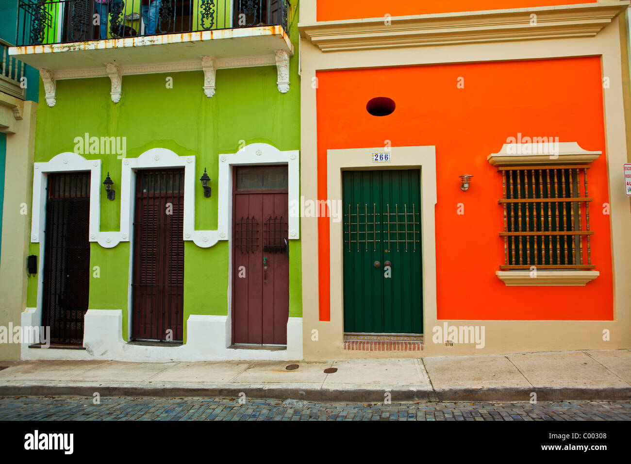 Historic traditional homes along Calle San Sebastian Old San Juan, Puerto Rico. Stock Photo