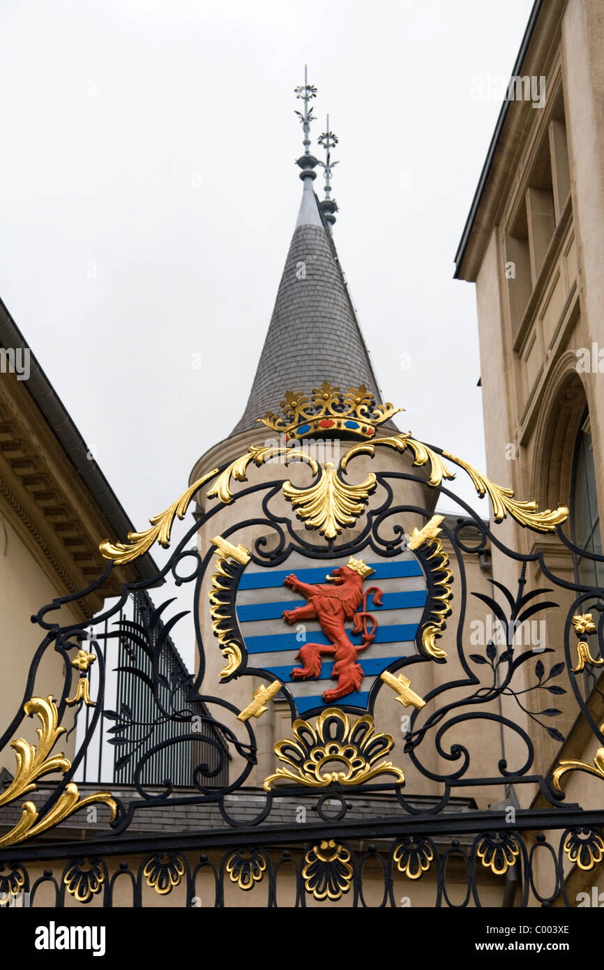 Arms of His Highness the Grand Duke of Luxembourg on the Grand Ducal Palace gate in Luxembourg City, Luxembourg. Stock Photo