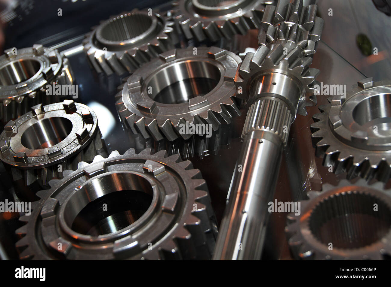 New steel gears in display cabinet. Stock Photo
