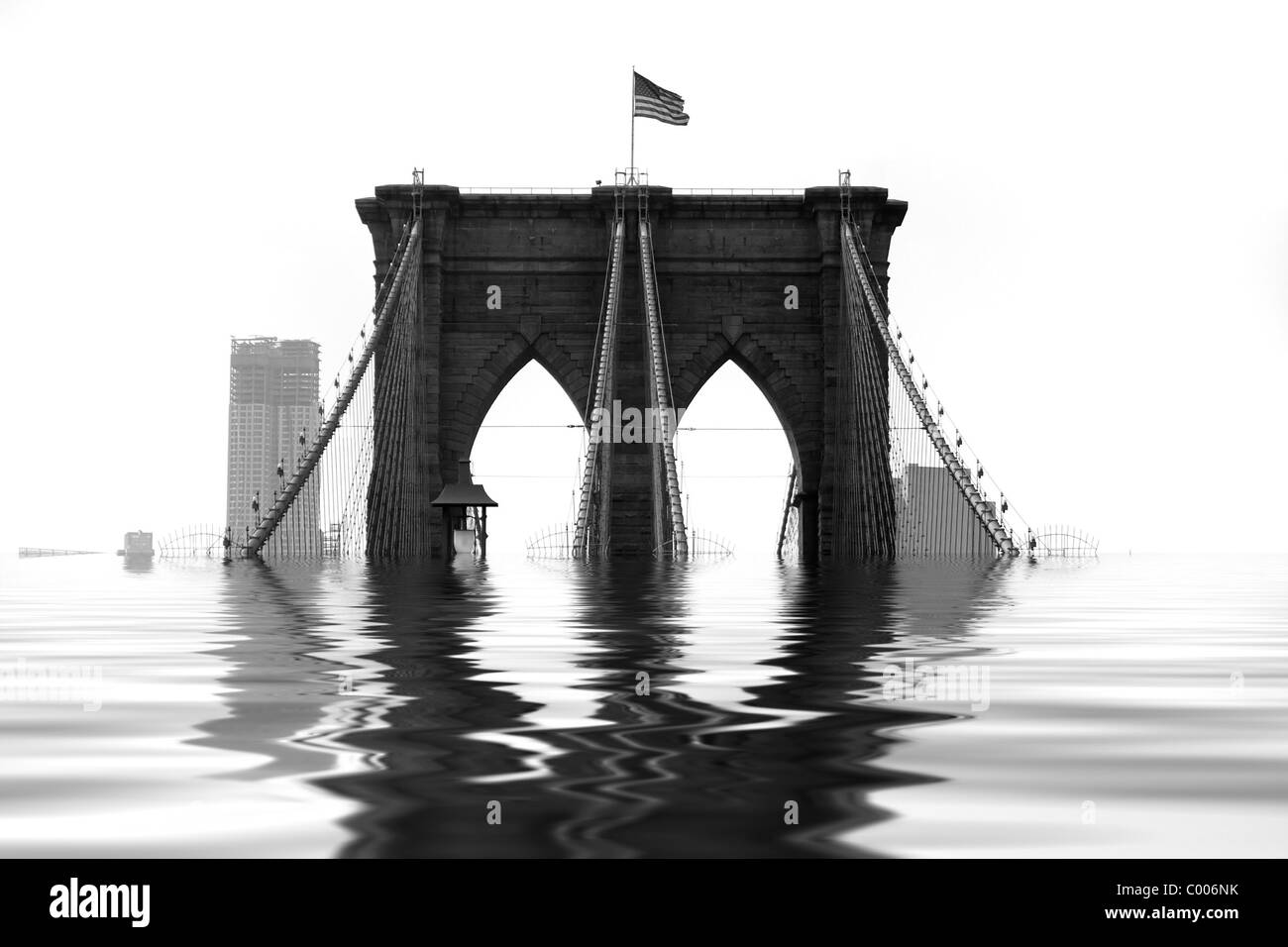 Conceptual illustration of the Brooklyn Bridge flooded with water due to natural disaster or global warming. Stock Photo