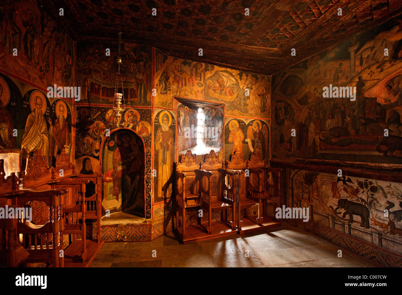 Interior view of Anapafsas (Saint Nicholas) monastery, with splendid frescoes of the 16th century. Meteora, Greece Stock Photo