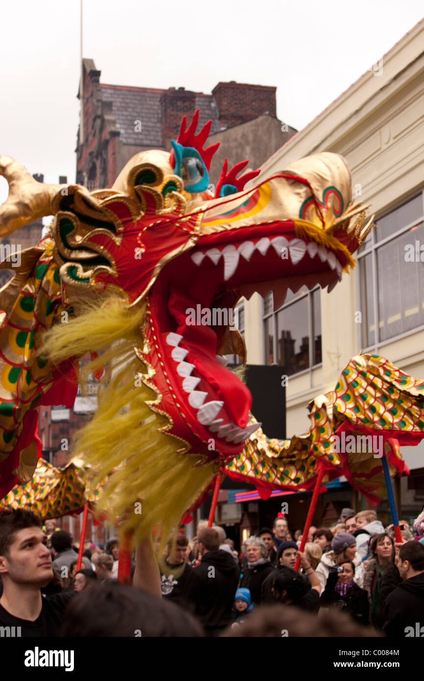 Closeup of the head of a ceremonial dragon puppet during Chinese new year celebrations Stock Photo