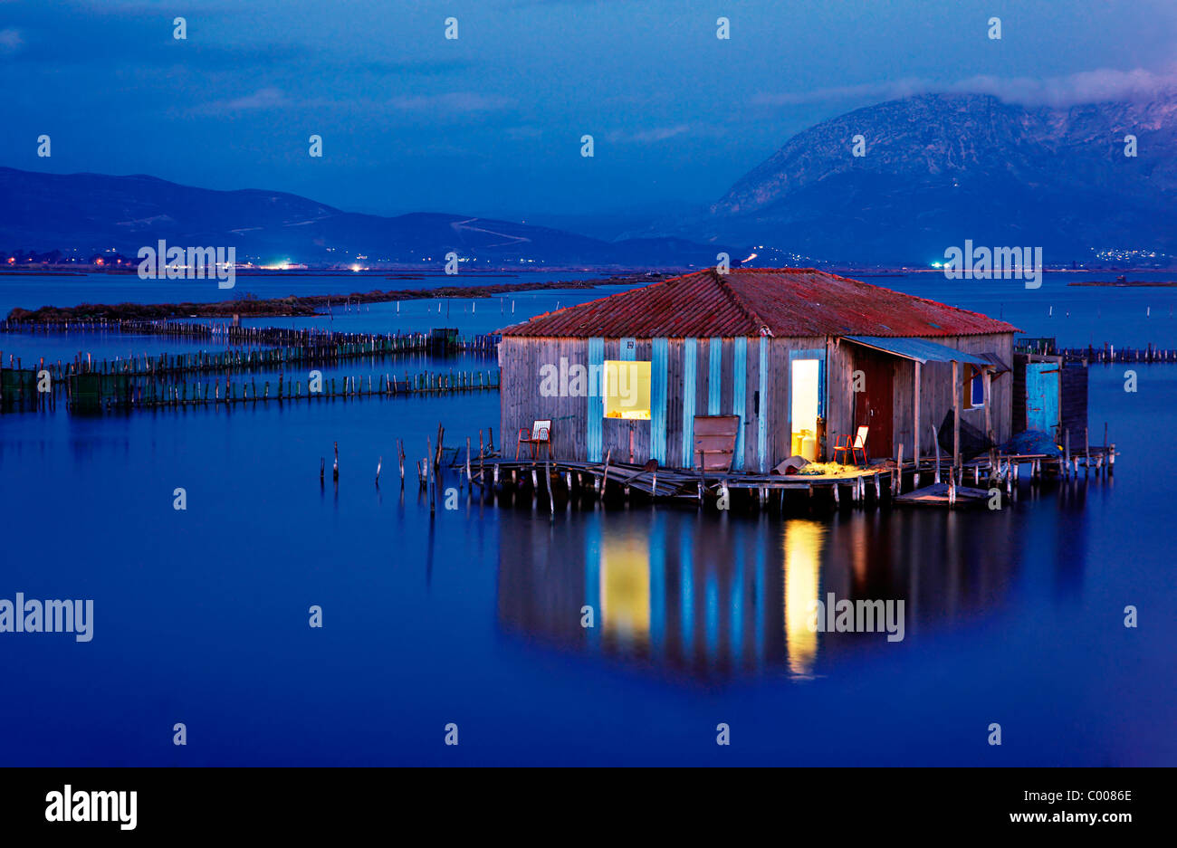 A traditional stilt house in the lagoon of Messolonghi, called "Pelada