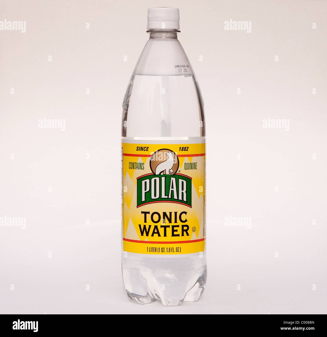 Tonic water is a carbonated soft drink containing quinine.  It's often used in mixed drinks such as with gin. Stock Photo