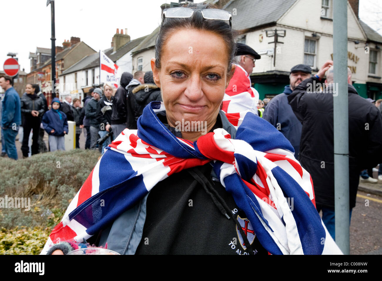EDL Angel, Supporter of the English Defence League known or EDL held a rally in St. Georges Square in Luton.  - 05/02/2011 Stock Photo
