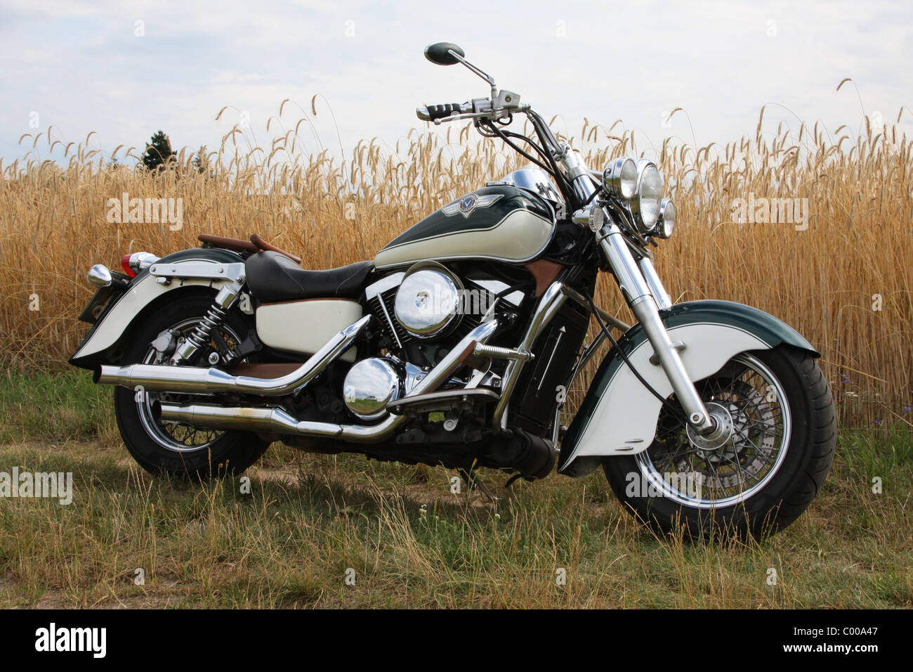 Motorrad, Kawasaki, im Kornfeld, Seitenansicht, Motorcycle, Motorbike, in cornfield, side view Stock Photo