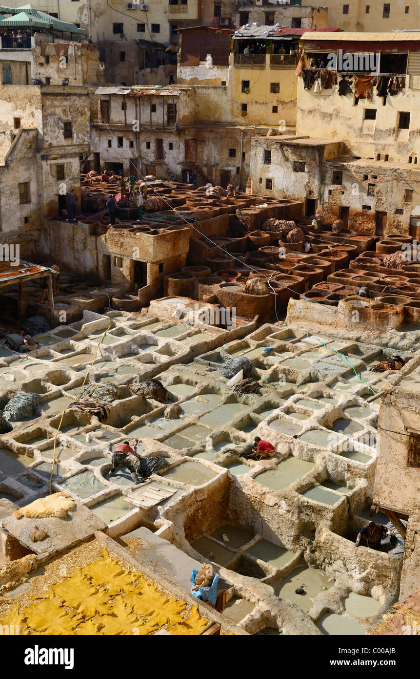 White liming chrome vats and brown tanning pits in Chouara quarter Fes Tannery Fez Morocco North Africa Stock Photo