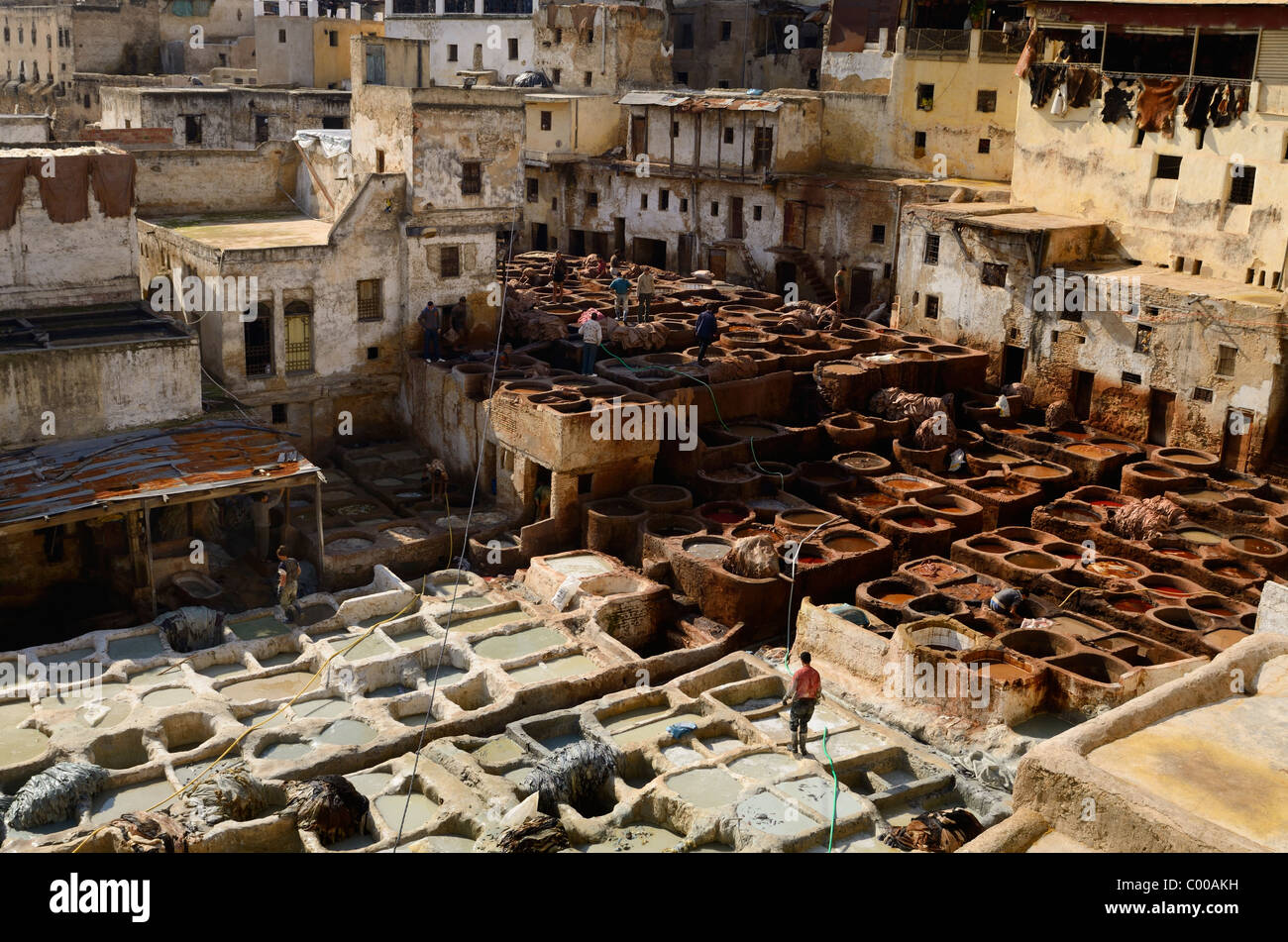 White mineral tanning vats and brown vegetable soaking pits in the Fes tannery Chouara Quarter Fez Morocco North Africa Stock Photo