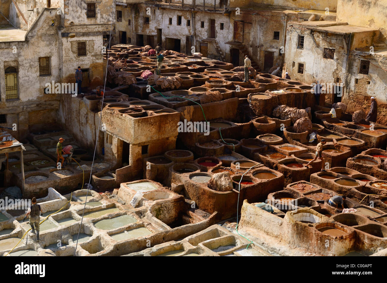White mineral soaking vats and brown vegetable tanning pits in the Fes tannery Chouara Quarter Fez Morocco North Africa Stock Photo