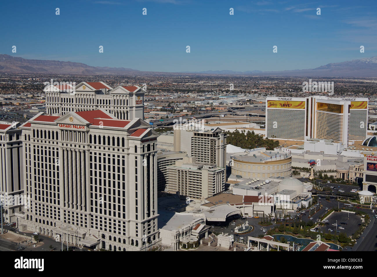 An aerial view of Caesars Palace, The Mirage, and other Las Vegas Stock