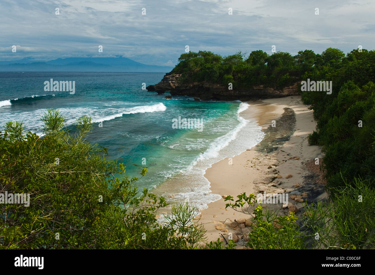 On the Balinese island of Nusa Lembongan lies the small beach area called Mushroom Bay. A beautiful tropical white sand beach. Stock Photo