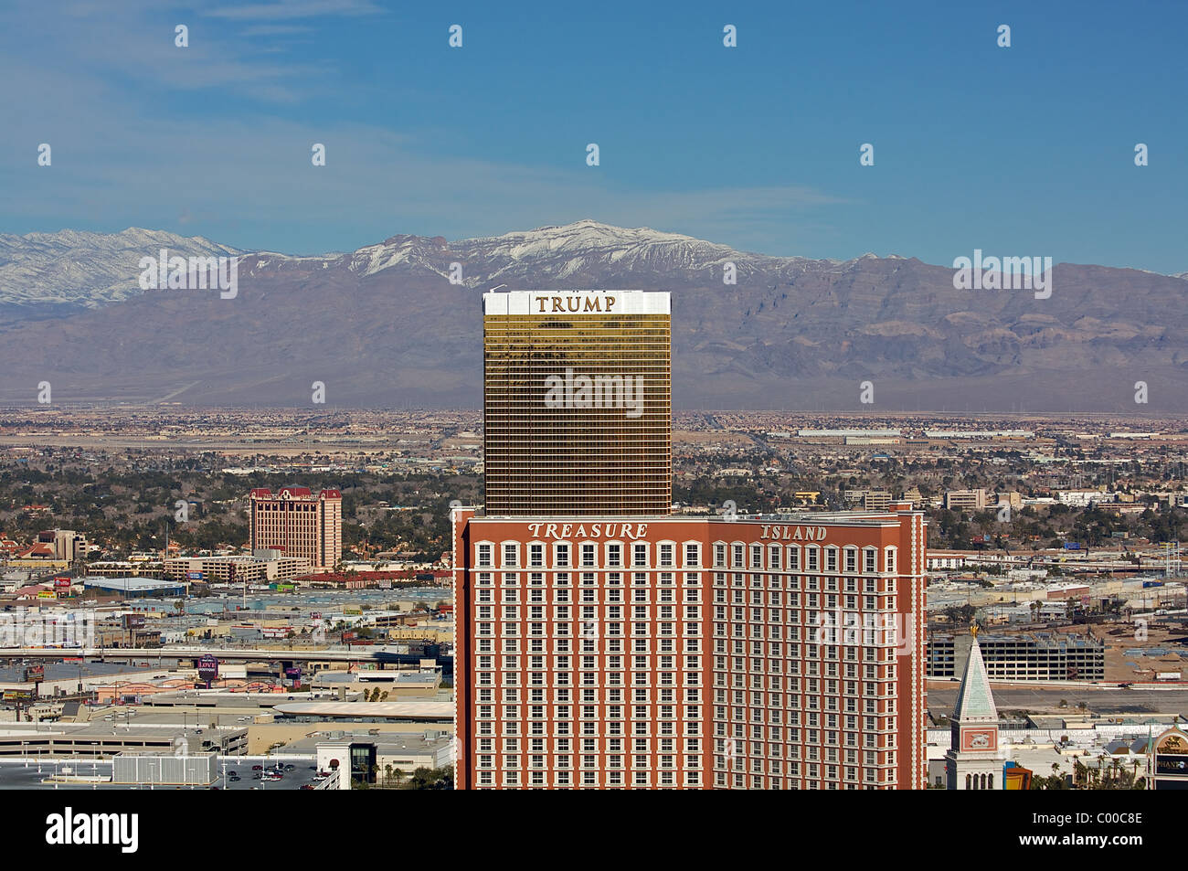 A view of the Trump and Treasure Island hotels from the top of Paris Las Vegas's Eiffel Tower Stock Photo