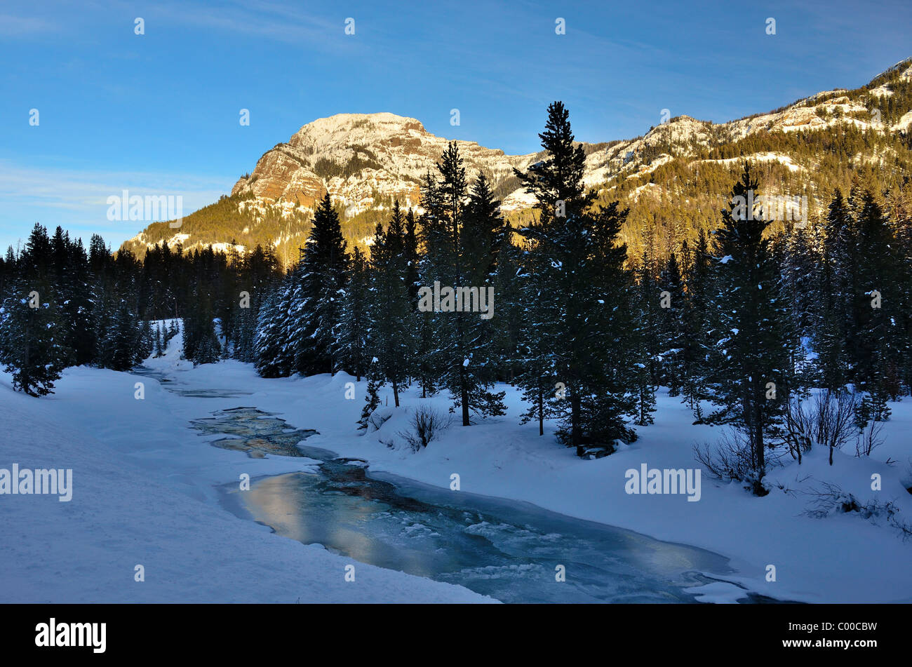 Mountains and frozen stream. Lamar Valley, Yellowstone National Park, Wyoming, USA. Stock Photo