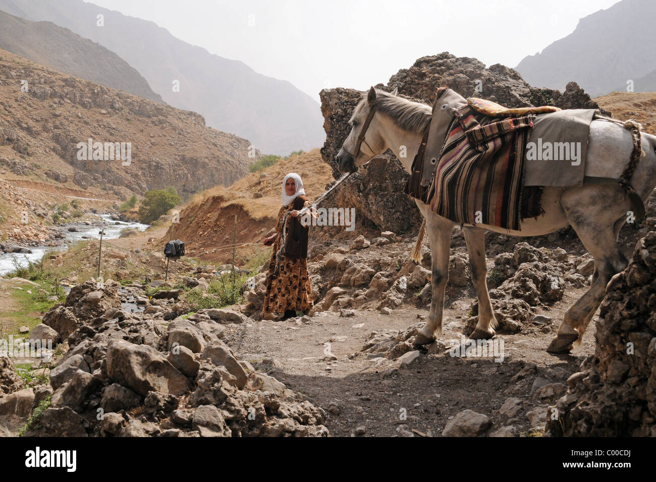 A nomadic Kurdish shepherd woman leading her horse out from a cave near the village of Bahcesaray, in the Zagros Mountains of southeastern Turkey. Stock Photo