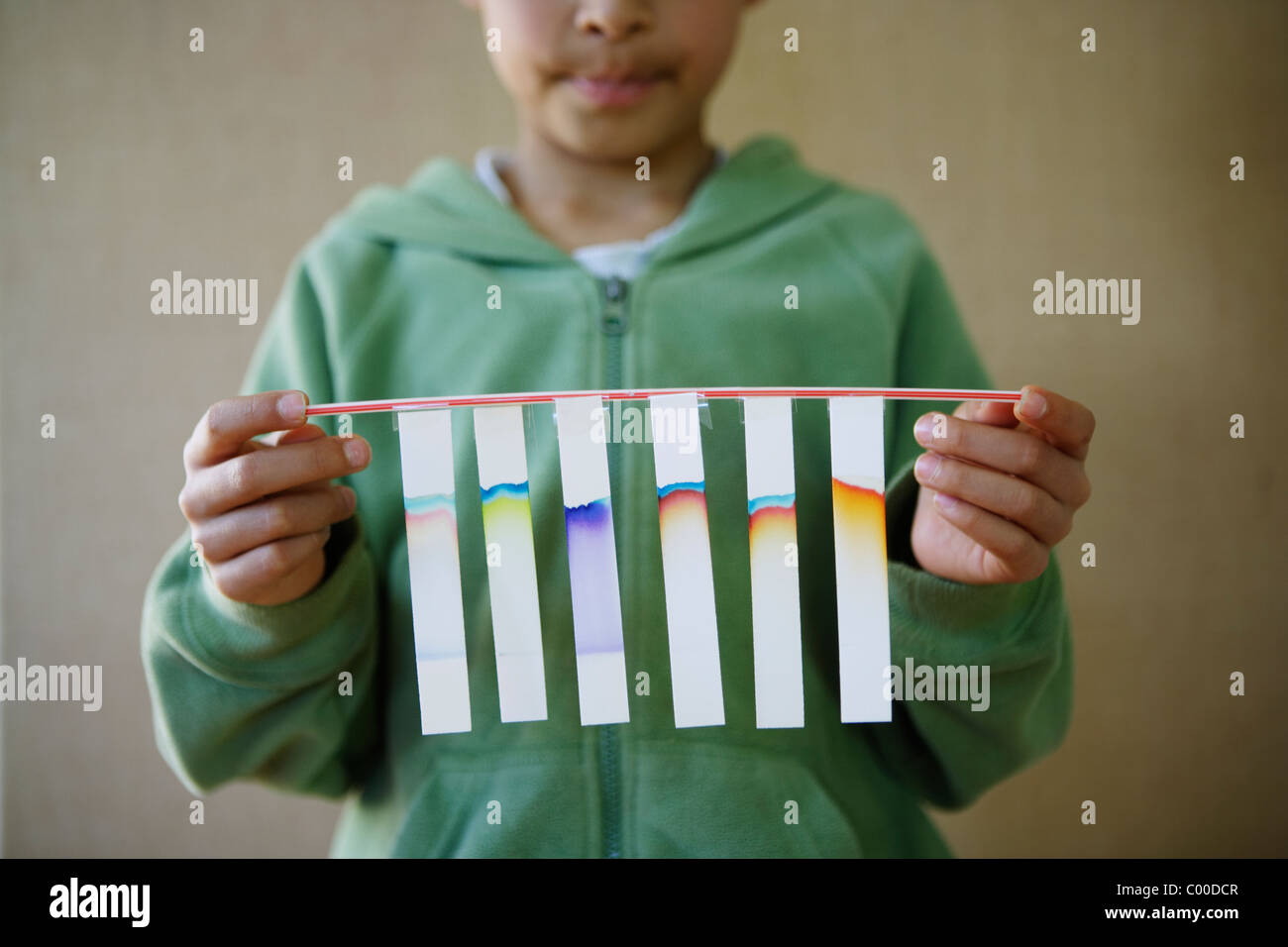 Boy with school chromatography experiment results Stock Photo